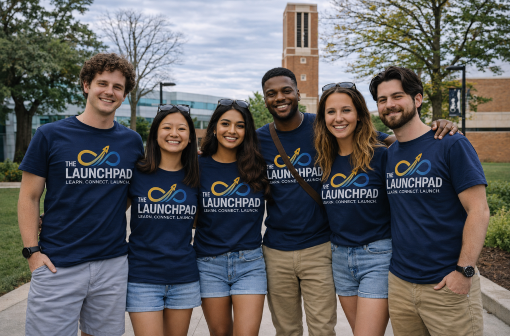 LaunchPad career readiness program scholars and team members wearing matching shirts outdoors